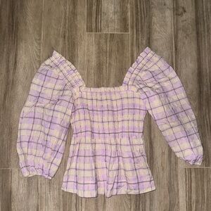 Plaid Puff Sleeve Top - Purple and Cream